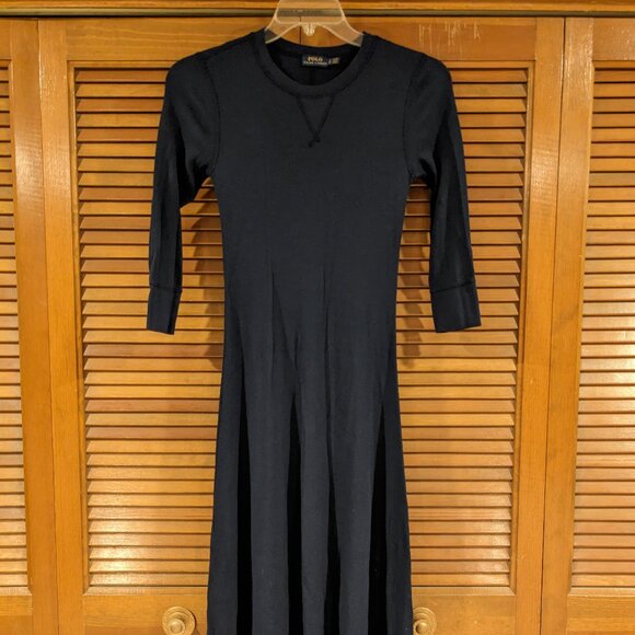 Ralph Lauren Waffle Knit Dress Cotton Midi Fit & Flare Blue Small 3/4 Sleeve - Picture 1 of 8
